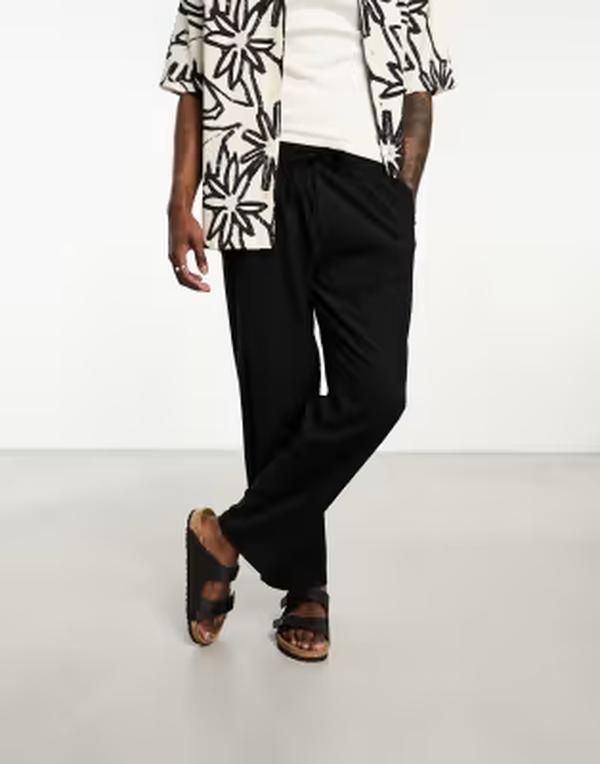 ジャック アンド ジョーンズ メンズ ボトムス カジュアルパンツ リネン Jack Jones Intelligence wide fit drawstring linen mix pants Bla