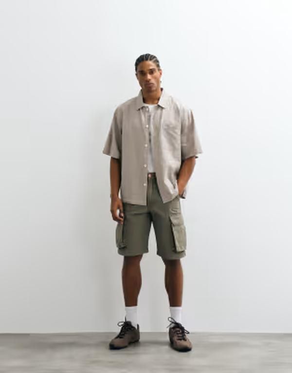 コットンオン メンズ トップス シャツ リネン Cotton Elinen blend short sleeve shirt in textu red black ブラック