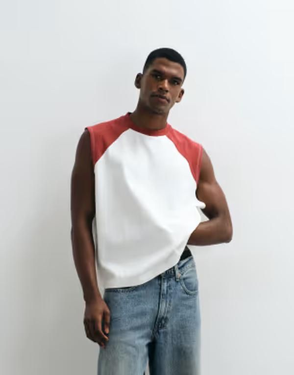 エイソス メンズ トップス ベスト コントラスト ASOS DESIGN boxy oversized tank with contrast raglan in cream and Coconut m