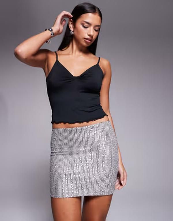 カイア レディース ボトムスカート ミニ スパンコール Kaiia exclusive sequin mini skirt SILVER シルバー