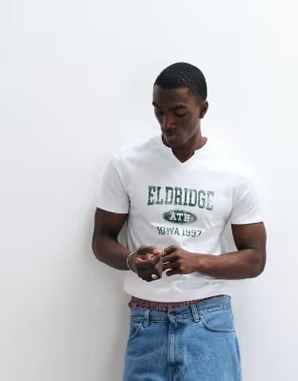 エイソス メンズ トップス Tシャツ グラフィック ASOS DESIGN slim Tshirt with Eldridge graphic WHITE ホワイト