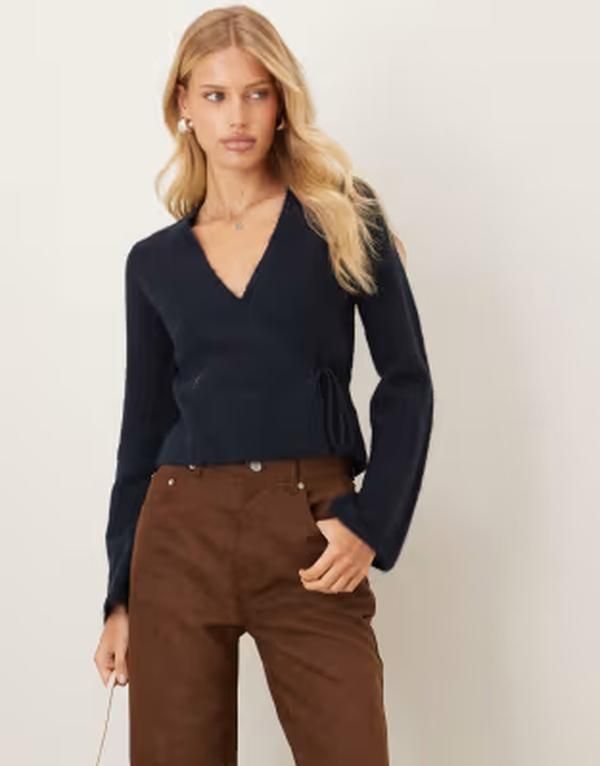 ジーナトリコ レディース アウター カーディガン ウール ニット Gina Tricot long sleeve knit wool alpaca wrap cardiga navy blue ネイビ