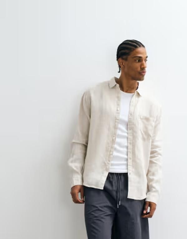 コットンオン メンズ トップス シャツ リネン Cotton relaxed linen long sleeve shirt in oatmeal オートミール
