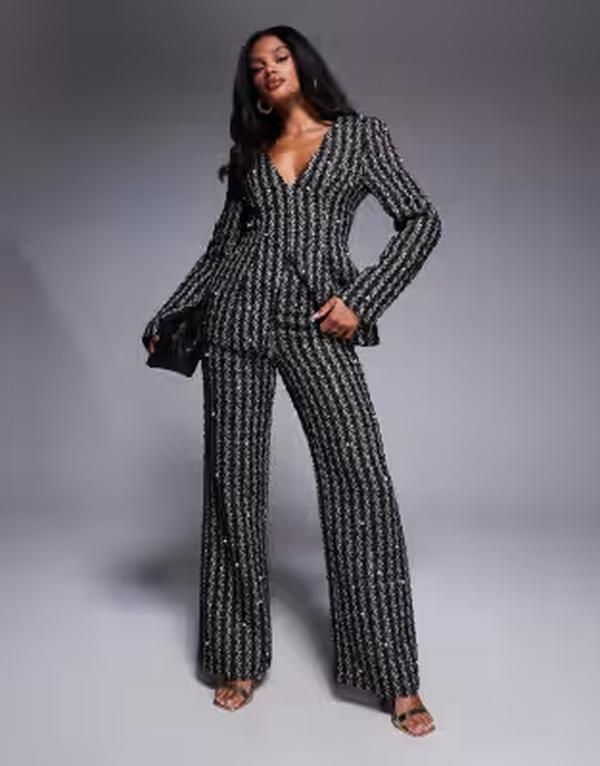エイソス レディース ボトムス カジュアルパンツ ASOS LUXE pearl embellished boucle pants part of a set Black ブラック