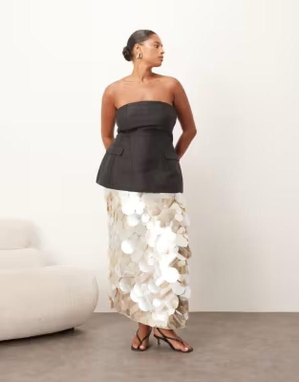 アレンジ レディース ボトムスカート マキシ ARRANGE Curve mirror paillette column maxi skirt SILVER シルバー