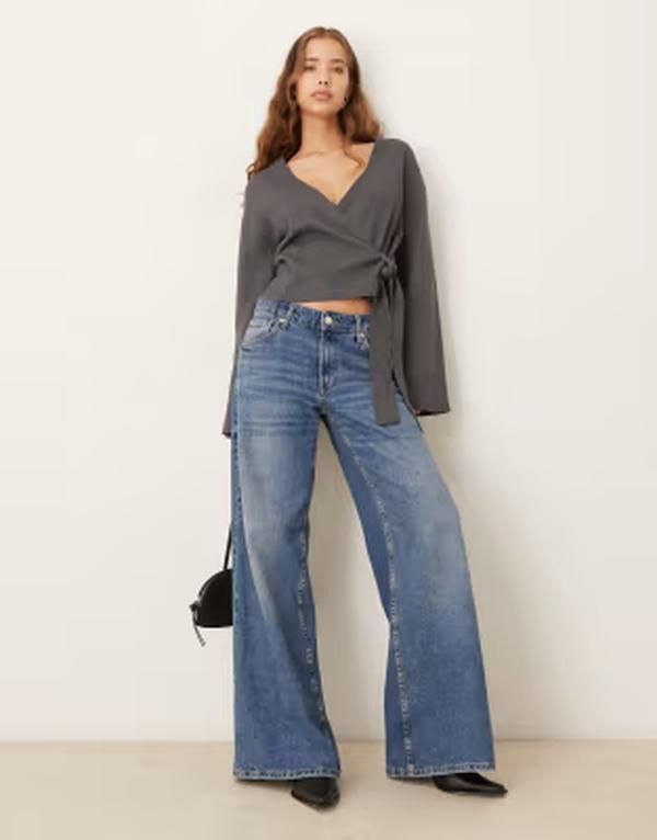 ジーナトリコ レディース アウター カーディガン Vネック ニット Gina Tricot vnecknit wrap cardigan with wide sleeves in dark heath