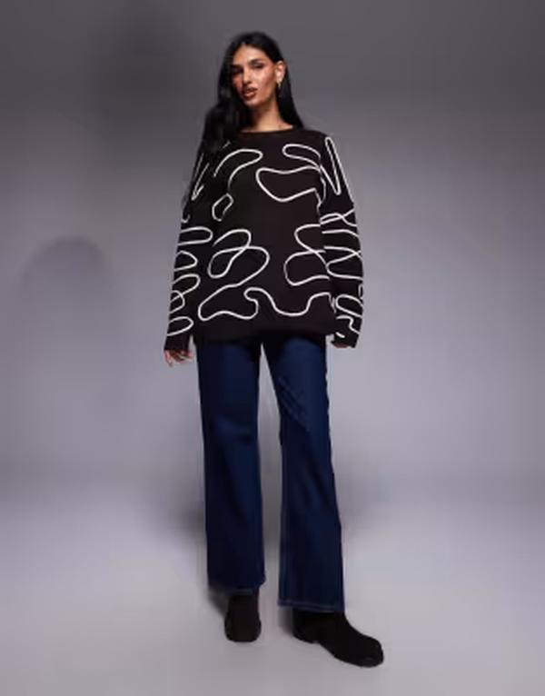 カイア レディース アウター ニット・セーター クルーネック Kaiia exclusive crew neck abstract stitching sweater in chocolate W C
