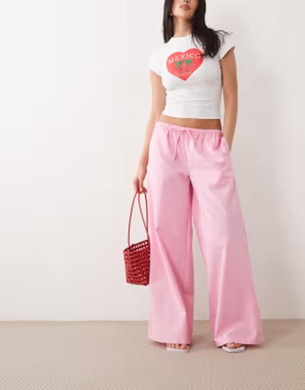ミッシーエンパイア レディース ボトムス カジュアルパンツ ワイドレッグ リネン Missyempire linen blend tie waist wide leg pants PINK ピンク