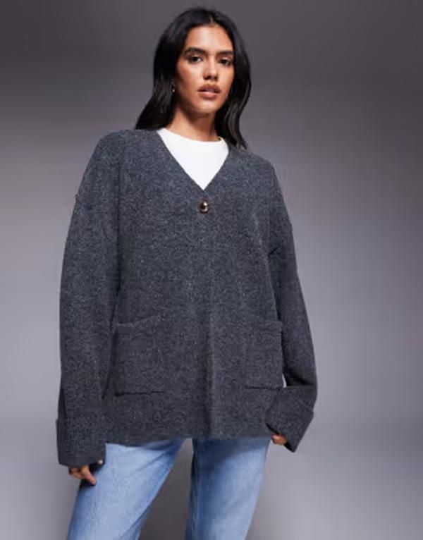 カイア レディース アウター カーディガン ニット Kaiia Exclusive oversized knit gold button detailongline cardigan in charc