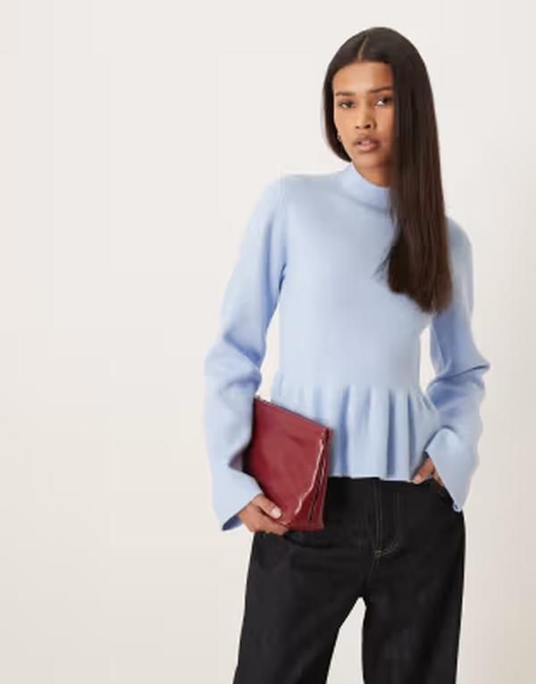 ジーナトリコ レディース アウター ニット・セーター Gina Tricot knit peplum top in light blue ブルー