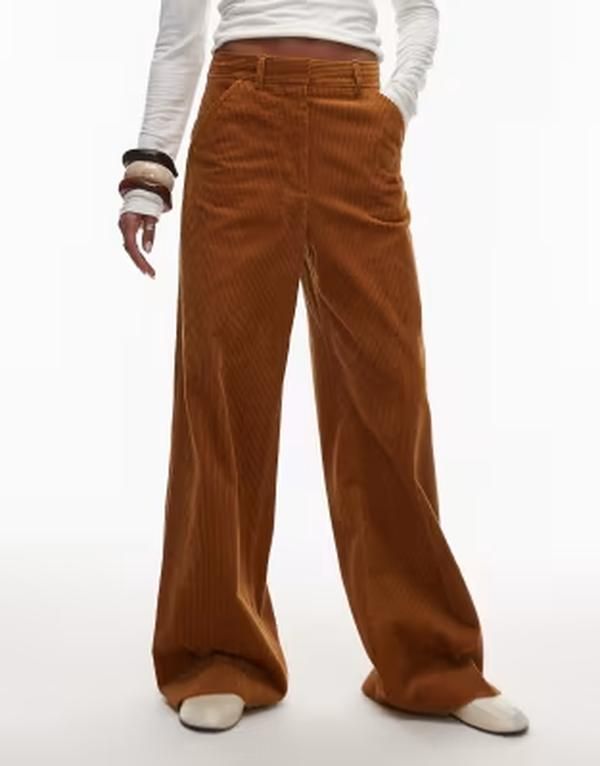 アルケット レディース ボトムス カジュアルパンツ ワイドレッグ コーデュロイ ARKET wide leg corduroy pants with tailo red waistband BROWN