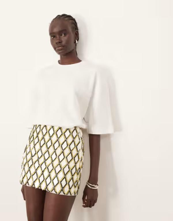 アレンジ レディース ボトムスカート ミニ ARRANGEometric grid embellished mini skirt Green and white ホワイト