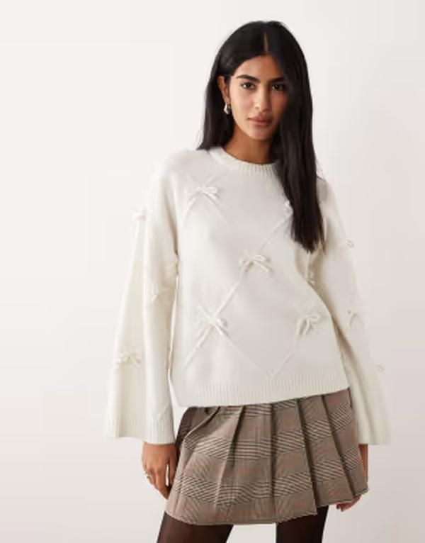 ジーナトリコ レディース アウター ニット・セーター Gina Tricot knit bow trim sweater in cream クリーム