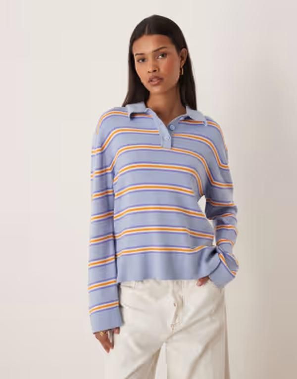 ジーナトリコ レディース アウター ニット・セーター ポロシャツ Gina Tricot knit polo sweater and orange stripes Blue ブルー