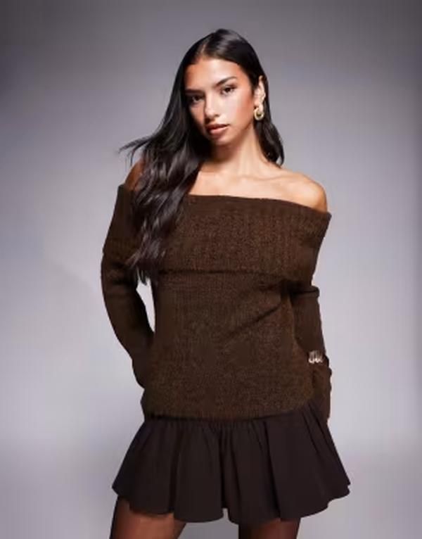 カイア レディース アウター ニット・セーター ウール Kaiia Exclusive wool feel textu red knit deep bardot foldover sweater in