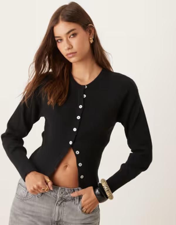 ジーナトリコ レディース アウター カーディガン ニット Gina Tricot long sleeve fitted fine knit cardigan Black ブラック