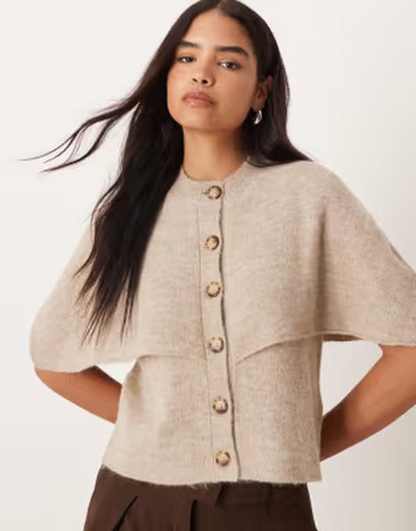 ジーナトリコ レディース アウター カーディガン ケープデザイン ウール キャップ ケープ ニット Gina Tricot wool alpaca knit cape cardigan in mole