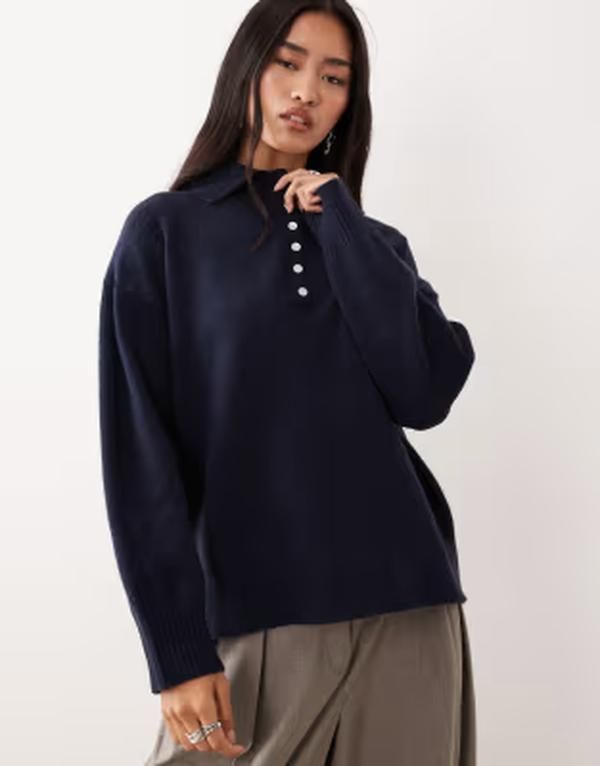 プリティラヴィッシュ レディース アウター ニット・セーター ポロシャツ Pretty Lavish button placket relaxed knit polo sweater NAVY ネイビ
