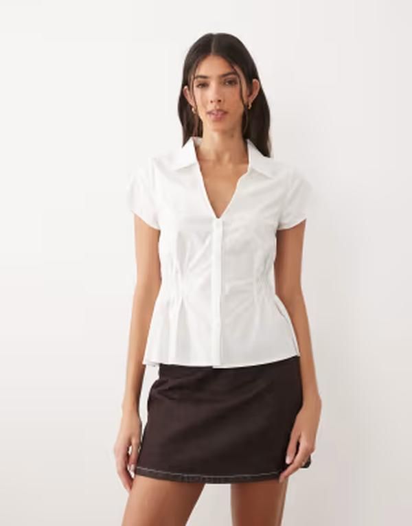 ジーナトリコ レディース トップス Tシャツ ウエストマーク コットン ブラウス Gina Tricotton rich cinched waist crinkle blouse White ホワイト