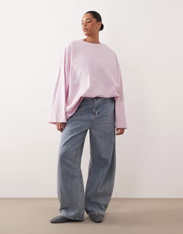 アレンジ レディース トップス Tシャツ コットン ARRANGE cotton oversized long sleeve Tshirt in light Pink ピンク