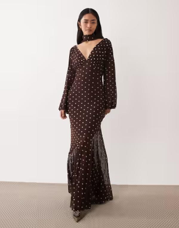 プリティラヴィッシュ レディース トップス ワンピース Vネック ドット メッシュ マキシ Pretty Lavish mesh scarf vneck maxi dress polka dots B