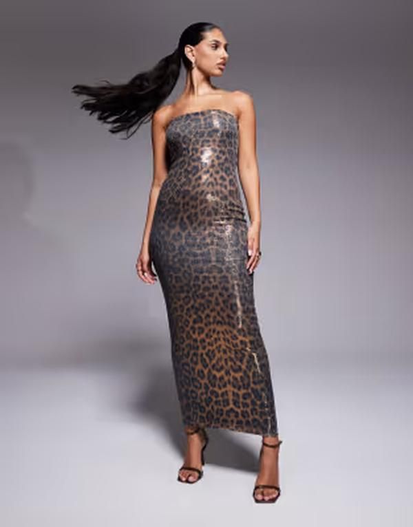 カイア レディース トップス ワンピース プリント スパンコール マキシ Kaiia sequin bandeau bodycon maxi dress in leopard print LEOPAR