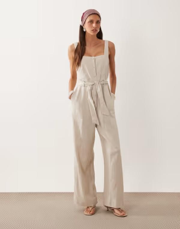 マンゴ レディース トップス ジャンプスーツ リネン Mango linen rich tie waist jumpsuit BEIGE ベージュ
