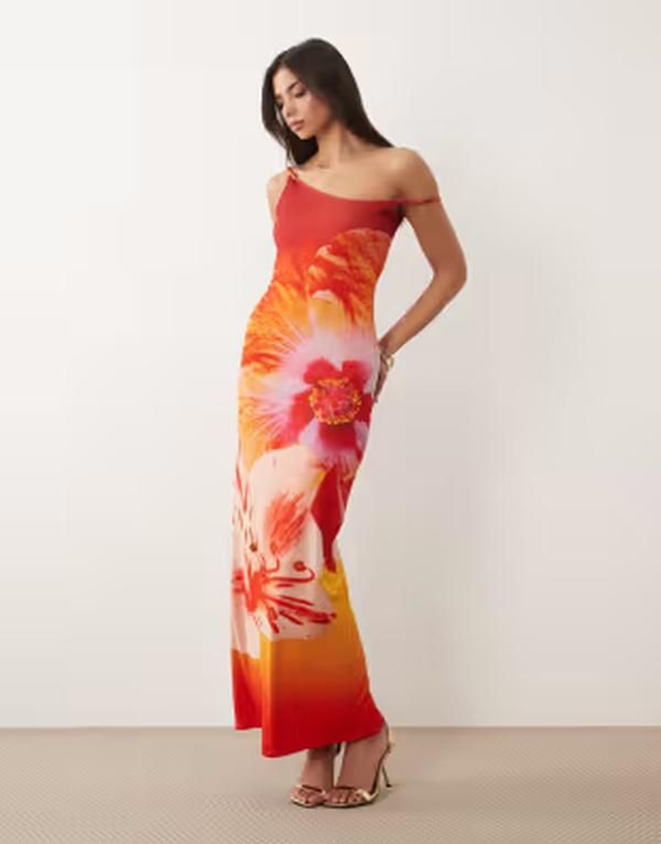 カイア レディース トップス ワンピース フラワー柄 マキシ フラワー Kaiia exclusive double laye red slinky twist off shoulder maxi d
