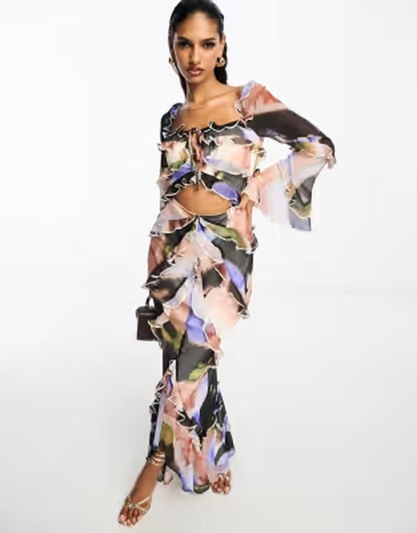 エイソス レディース トップス ワンピース カットアウト プリント フリル マキシ ASOS DESIGN milkmaid ruffle cut out maxi dress with flare