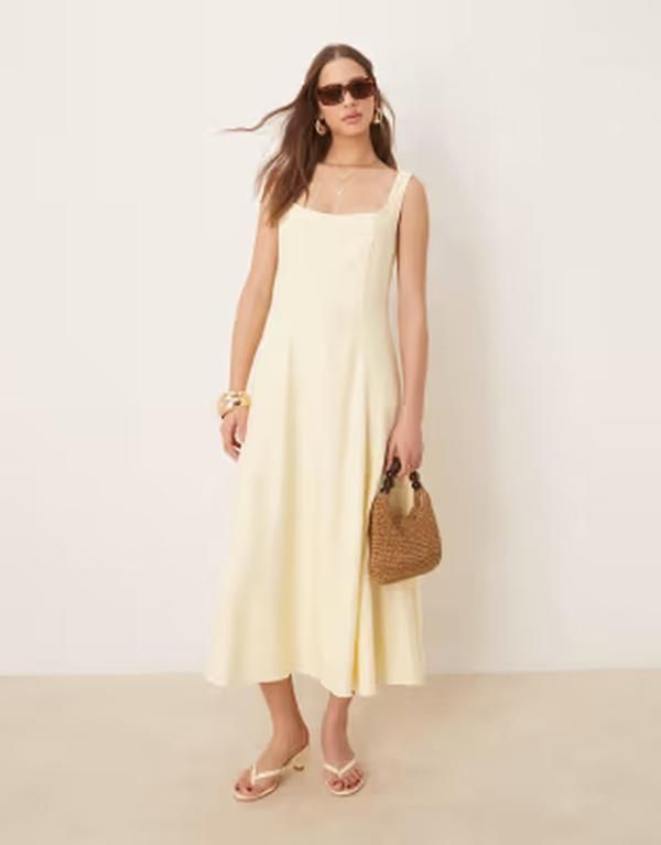 エバーニュー レディース トップス ワンピース コントラスト リネン Ever New linen blend contrastitch midaxi dress in lemon