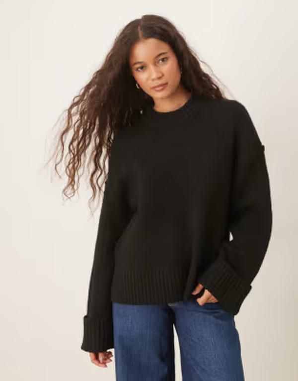 ジーナトリコ レディース アウター ニット・セーター クルーネック Gina Tricot relaxed crew neck folded sleeve knit sweater Black ブラッ
