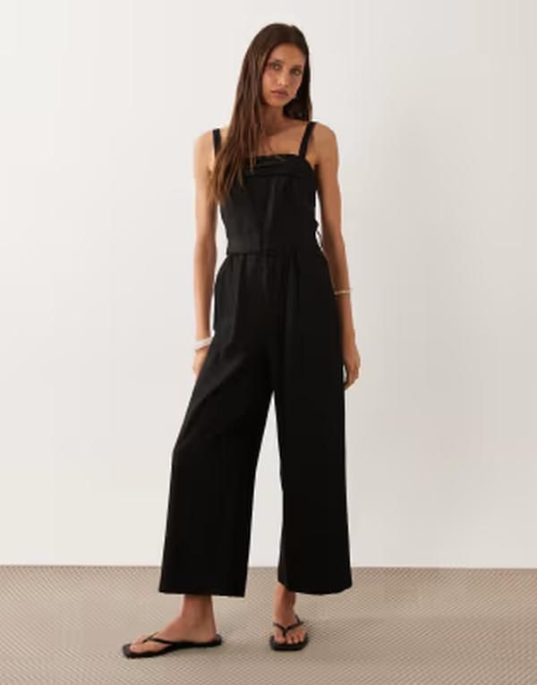 マンゴ レディース トップス ジャンプスーツ リネン Mango linen rich belted square neck jumpsuit Black ブラック