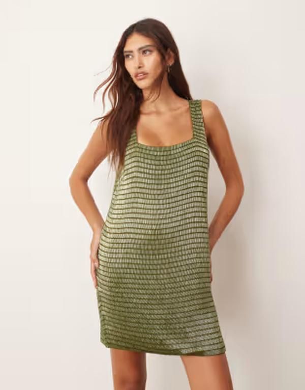 アレンジ レディース トップス ワンピース ミニ ARRANGEmbellished beaded square neck mini shift dress in olive オリーブ