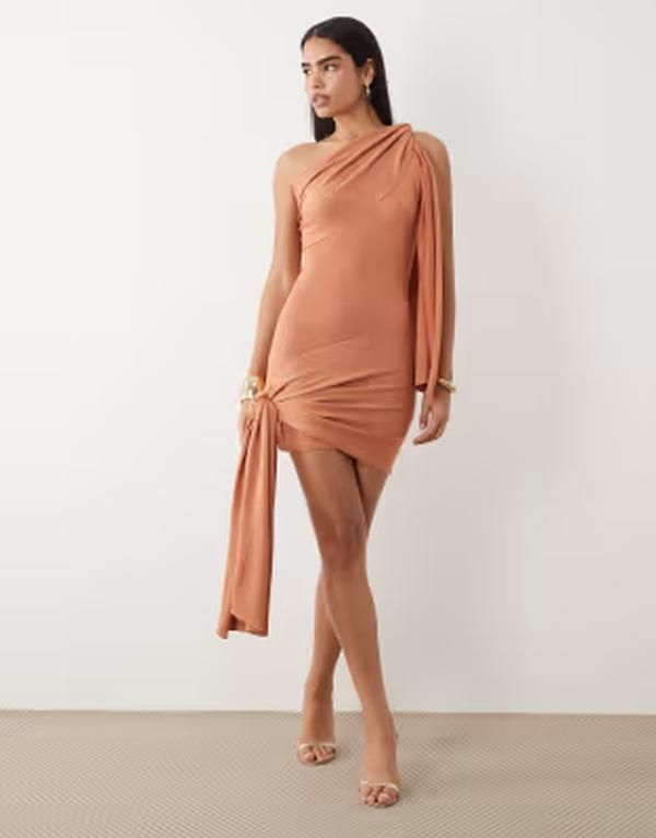 アリアコーブ レディース トップス ワンピース アシンメトリー ドレープ ミニット Aria Cove shimmer knit asymmetric shoulder drape detail ti
