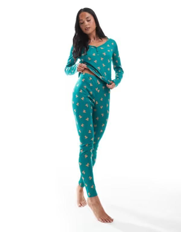 アーバンスレッズ レディース ボトムス カジュアルパンツ プリント Urban Threads teddy print rib pajama bottom in teal ティール