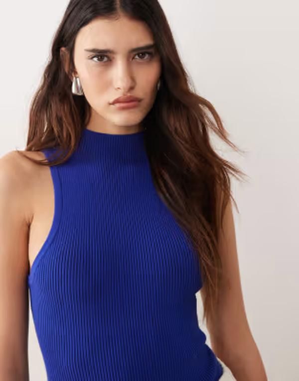 アレンジ レディース トップス シャツ リブ ボディースーツ ニット ARRANGE soft knit ribbed longline racer bodysuit in cobalt コバルト