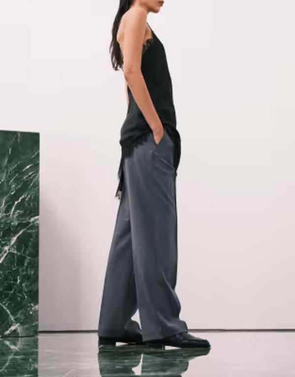 アルケット レディース ボトムス カジュアルパンツ ストレート ウール ARKET wool mix flannel straight leg pants with elastic waist Gra