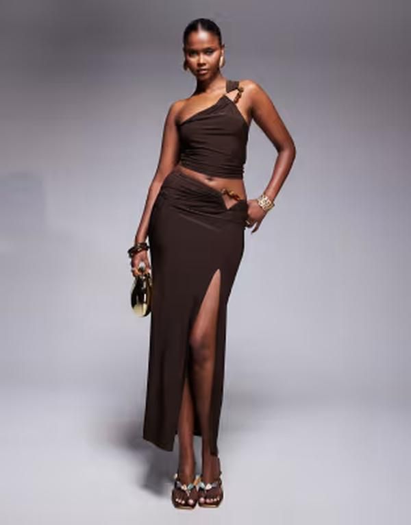 エイソス レディース ボトムスカート マキシ ASOS DESIGN slinky maxi skirt with large trim detail in chocolate part of a s
