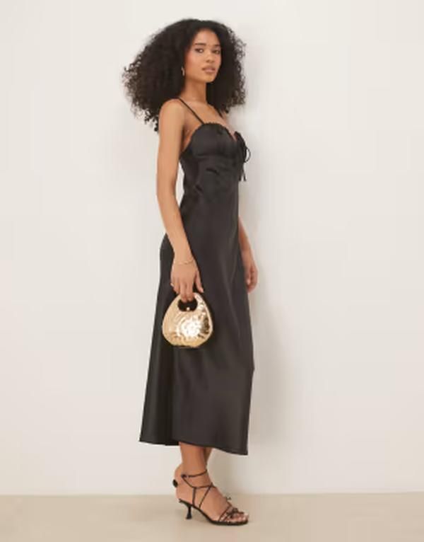 ジーナトリコ レディース トップス ワンピース ギャザー ミディ サテン Gina Tricot satin ruched front midi dress Black ブラック