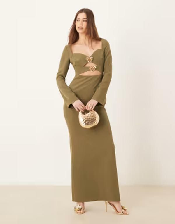 プリティラヴィッシュ レディース トップス ワンピース クレープ マキシ Pretty Lavish removable gold trim crepe maxi dress in olive オリー