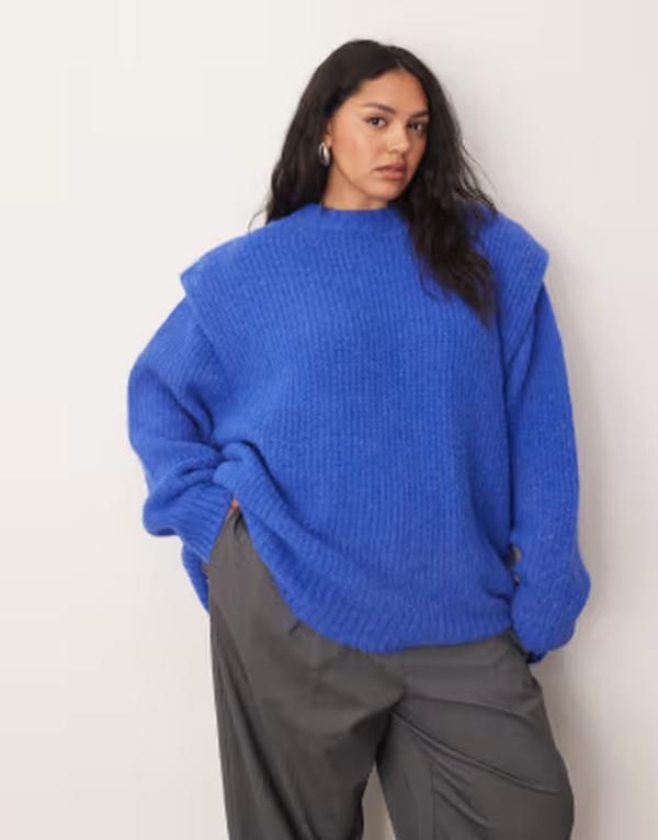 アレンジ レディース アウター ニット・セーター リブ ARRANGE Curve ribbed knit shoulder pad sweater in cobalt Blue ブルー