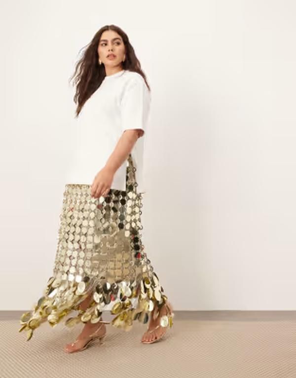 アレンジ レディース ボトムスカート ミディ スパンコール フリンジ ARRANGE Curve futurist sequin embellished fringe hemidi skirt GOL
