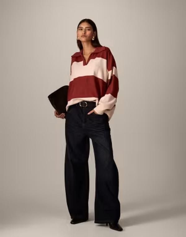 アレンジ レディース アウター ニット・セーター ARRANGE rugby knit collar oversized sweater and cream stripes RedCream クリーム