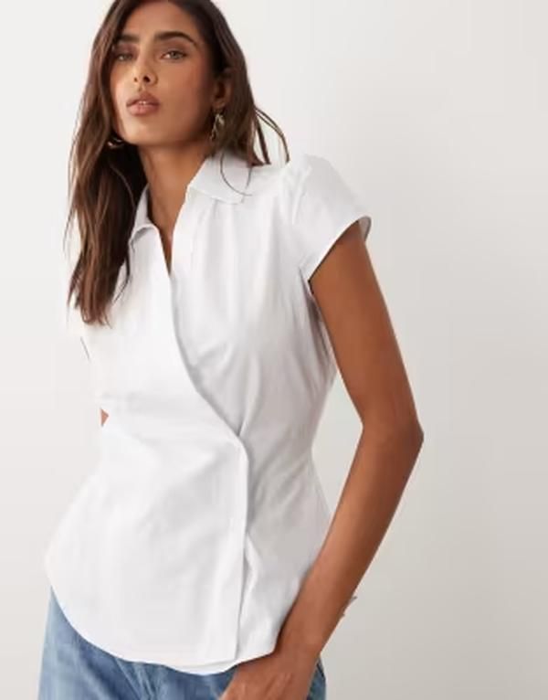エイソス レディース トップス シャツ キャップ ASOS DESIGN cap sleeve wrap shirt White ホワイト