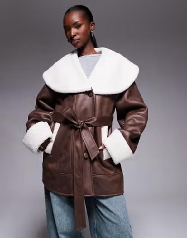 ザ・フロリック レディース アウター コート コントラスト The Frolic exclusive faux shearling and cream borg contrast belted coa
