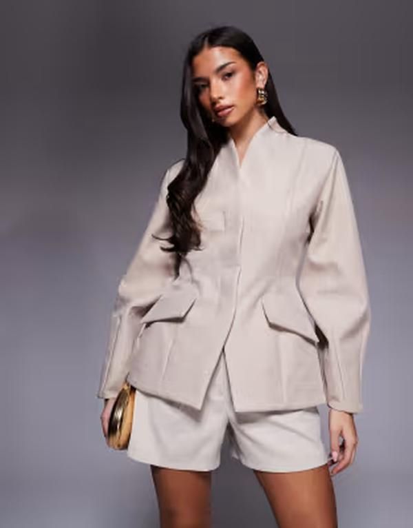 エイソス レディース アウター ジャケット・ブルゾン ウエストマーク ブレザー ASOS LUXE cinched waist blazer in stone ストーン
