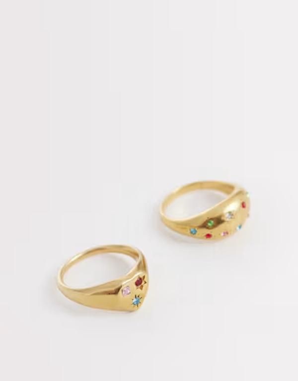 カイア レディース アクセサリー リング Tシャツ Kaiia exclusive stainlessteel 2 pack multi gem chunky heart rings tone GOL