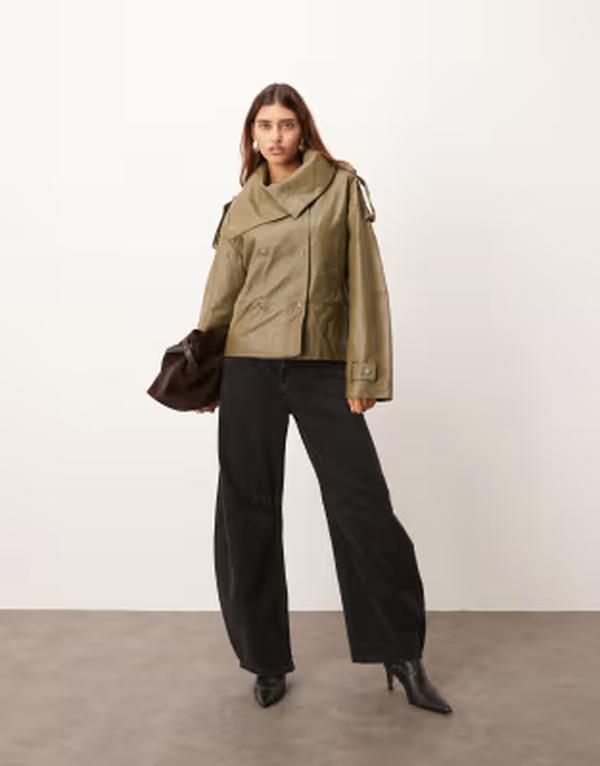 アレンジ レディース アウター ジャケット・ブルゾン レザー ARRANGE soft leather jacket in olive GREEN グリーン