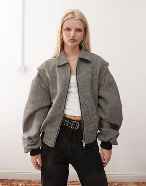ライオネス レディース アウター ジャケット・ブルゾン ツイード コントラスト Lioness Exclusive Vista contrastitch bomber jacket in ash tw