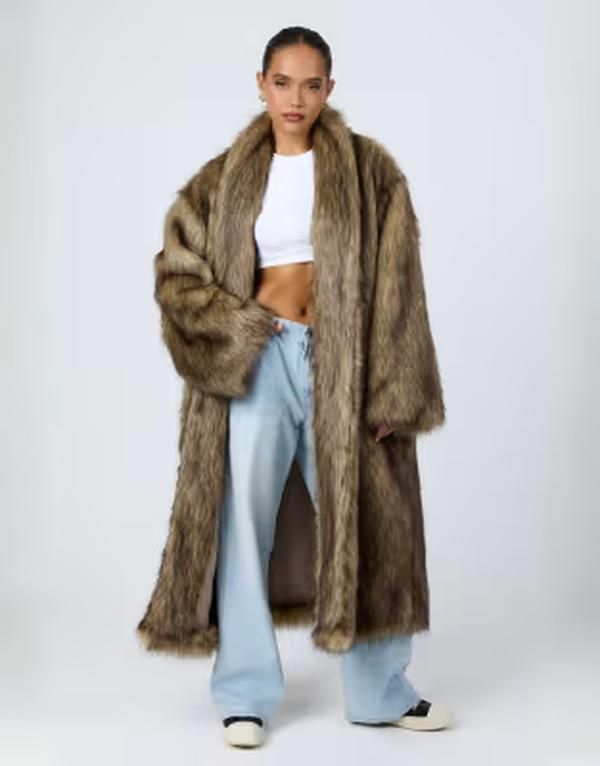 アリアコーブ レディース アウター コート Aria Cove collarless oversized longline coatipped faux fur BROWN ブラウン